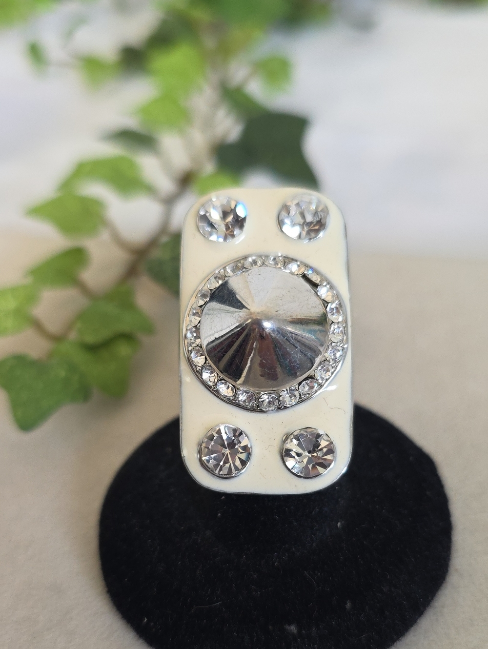 Silver Ivory Enamel Spike Statement Stretch Ring with Cubic Zirconia